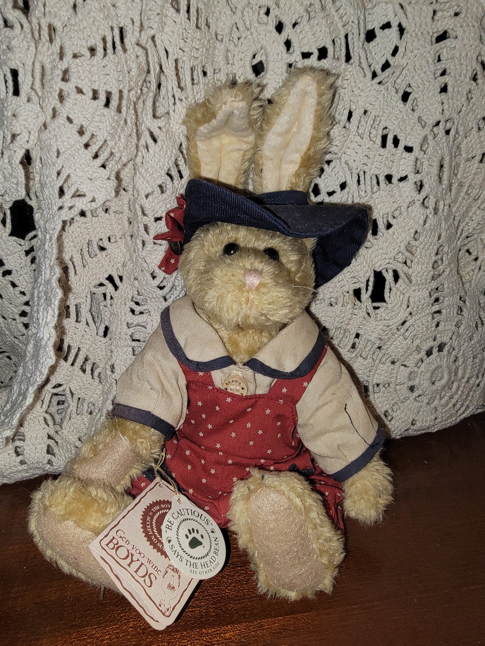 Boyds Bears Emily Beige Bunny in Red Star Romper with Navy Hat